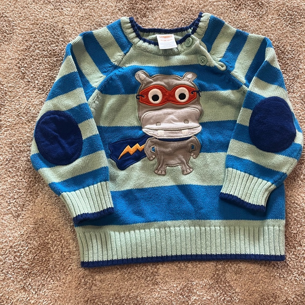 Gymboree Blue Striped Sweater with Superhero Hippo